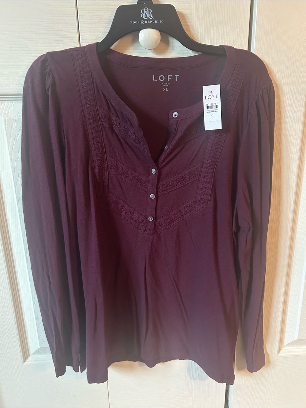 NWT. LOFT Women's Long-Sleeve Henley Top in Deep Plum